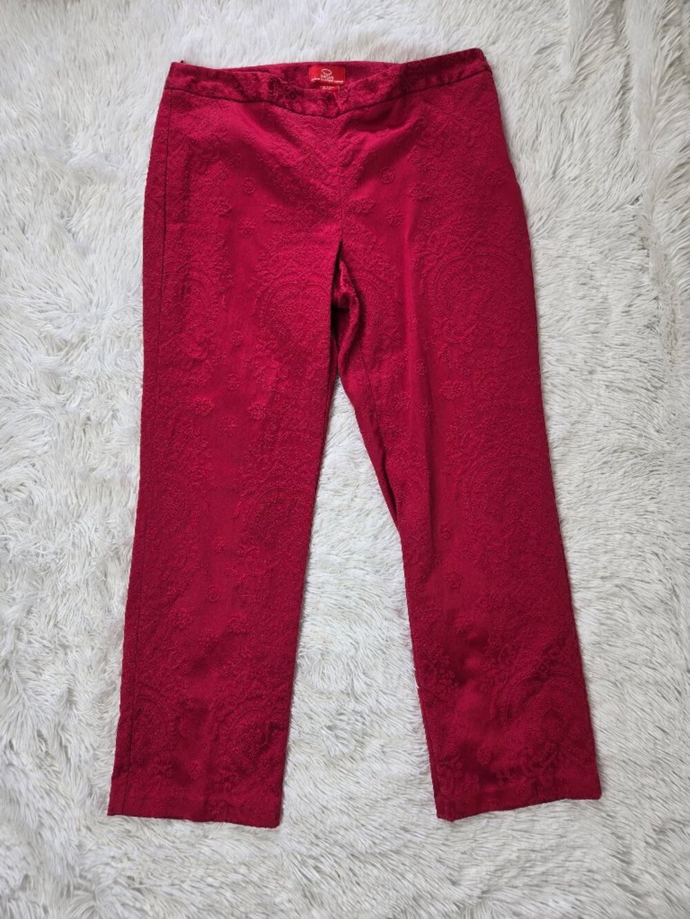 Oscar de la Renta Size 14 Red Cotton Blend Straight Leg Pants Raised Texture
